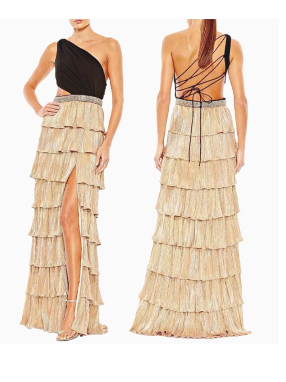 Mac Duggal Ieena Tiered One-Shoulder Tie Back Embellished Waist Gown sz 0 $498